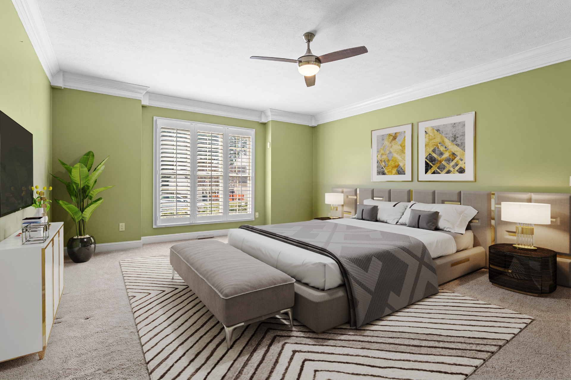 Virtually staged green bedroom with king bed, ceiling fan, and modern decor